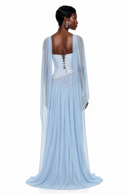 Iris Blue Embellished Asymmetrical Maxi Dress with Cape