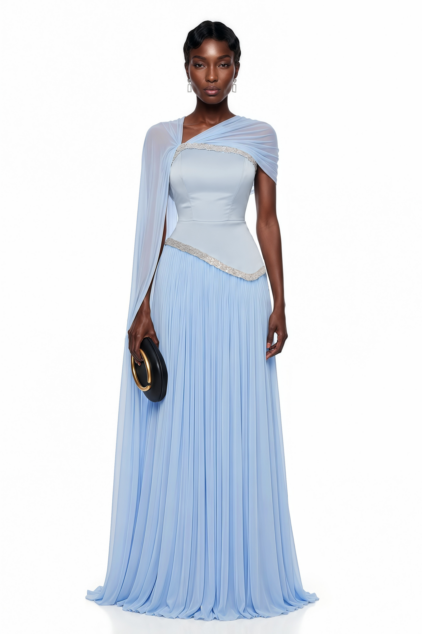 Iris Blue Embellished Asymmetrical Maxi Dress with Cape