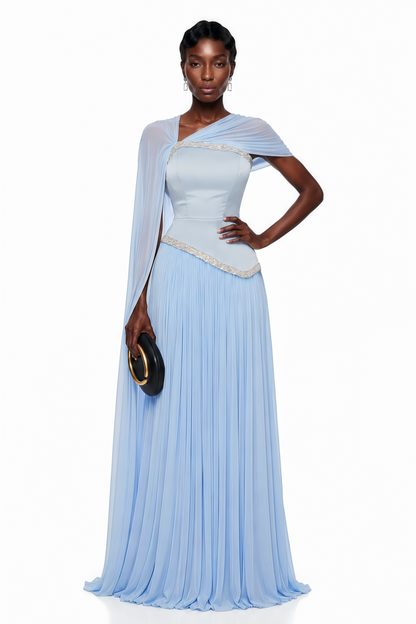 Iris Blue Embellished Asymmetrical Maxi Dress with Cape