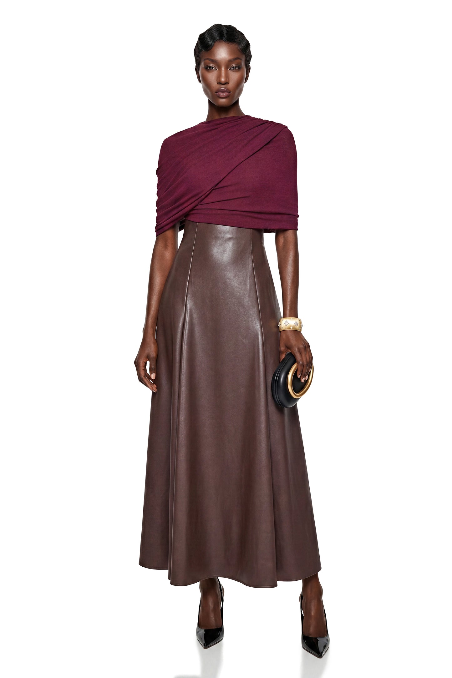Iris Chocolate Brown Color Block Maxi Dress with Shawl