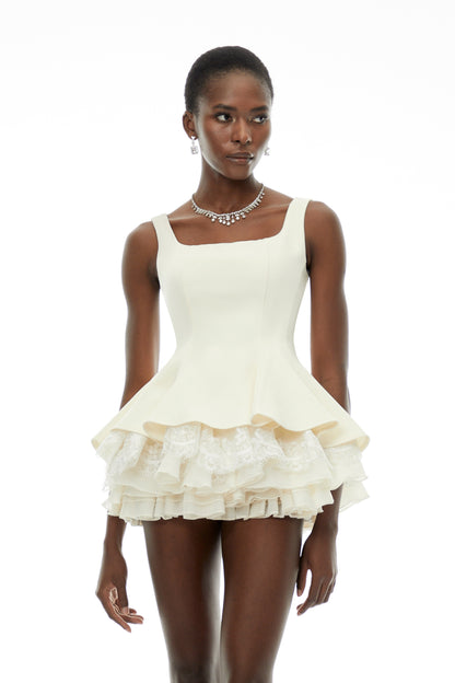 Iris White Square Neck Ruffled Mini Dress