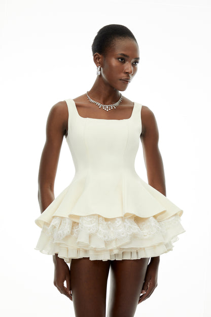 Iris White Square Neck Ruffled Mini Dress