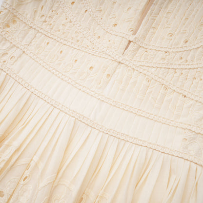 Isabeau Neutral Floral Embroidered Pleated Midi Dress
