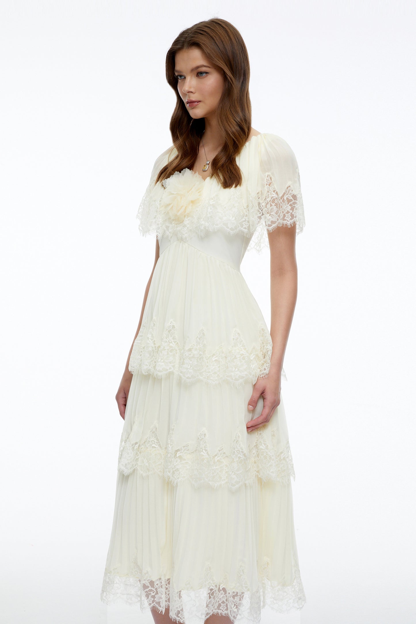 Isabeau Beige Lace Midi Dress with Cape Sleeves