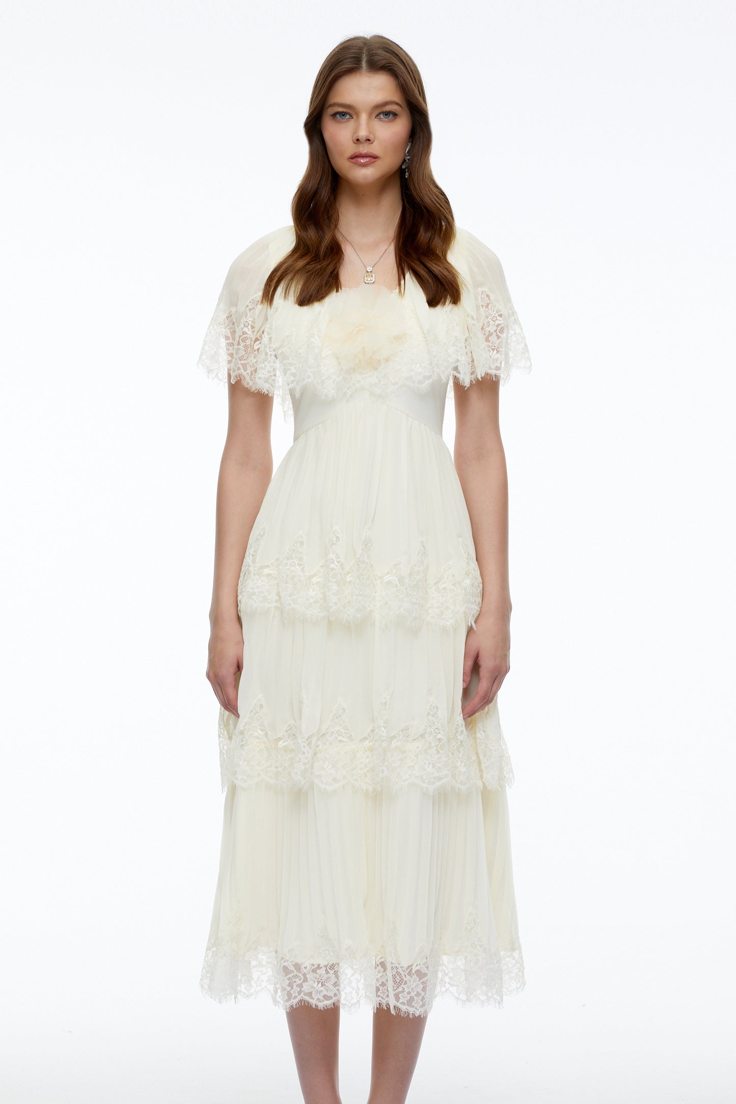 Isabeau Beige Lace Midi Dress with Cape Sleeves