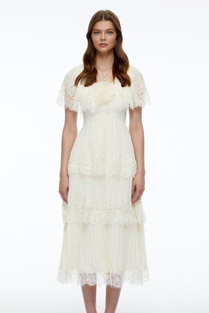 Isabeau Beige Lace Midi Dress with Cape Sleeves