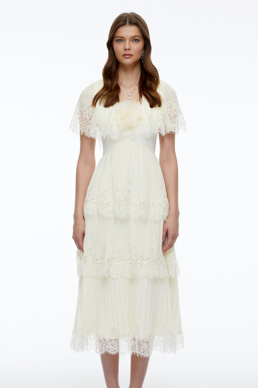Isabeau Beige Lace Midi Dress with Cape Sleeves