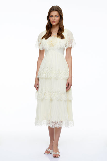 Isabeau Beige Lace Midi Dress with Cape Sleeves