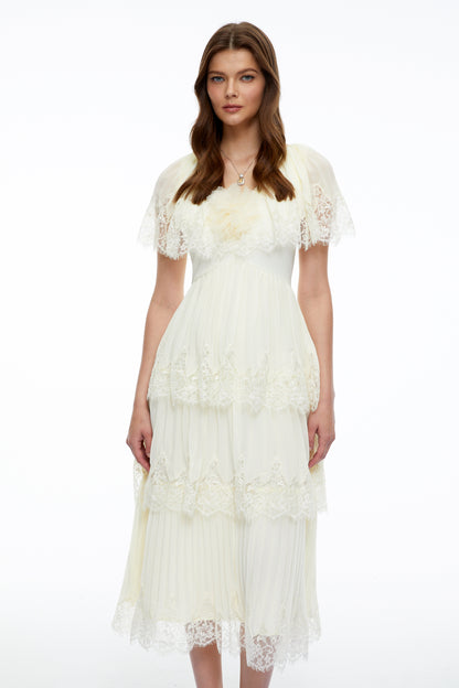 Isabeau Beige Lace Midi Dress with Cape Sleeves
