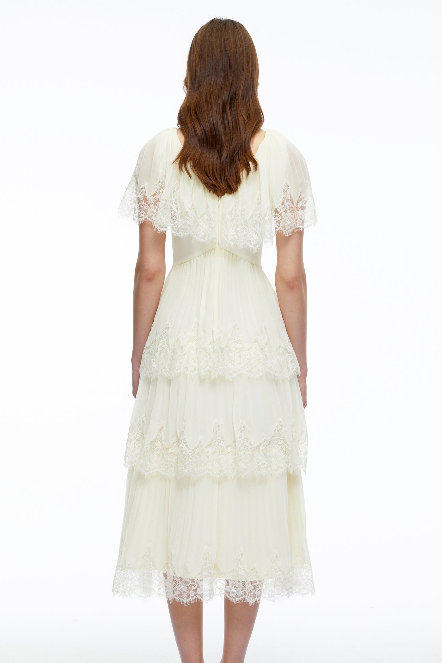 Isabeau Beige Lace Midi Dress with Cape Sleeves