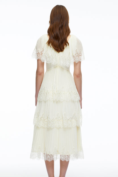 Isabeau Beige Lace Midi Dress with Cape Sleeves