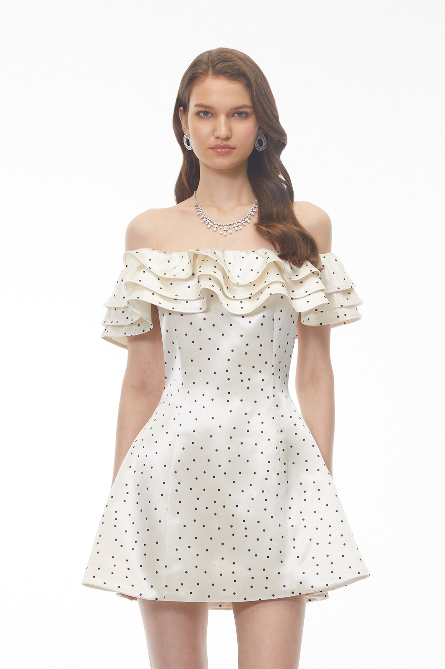 Isabella White Off Shoulder Polka Dot Ruffled Mini Dress