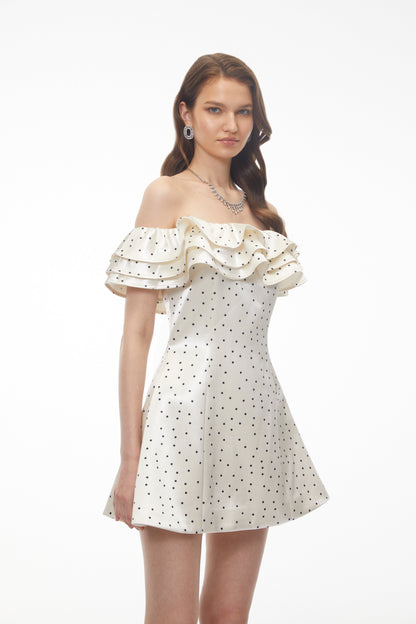 Isabella White Off Shoulder Polka Dot Ruffled Mini Dress