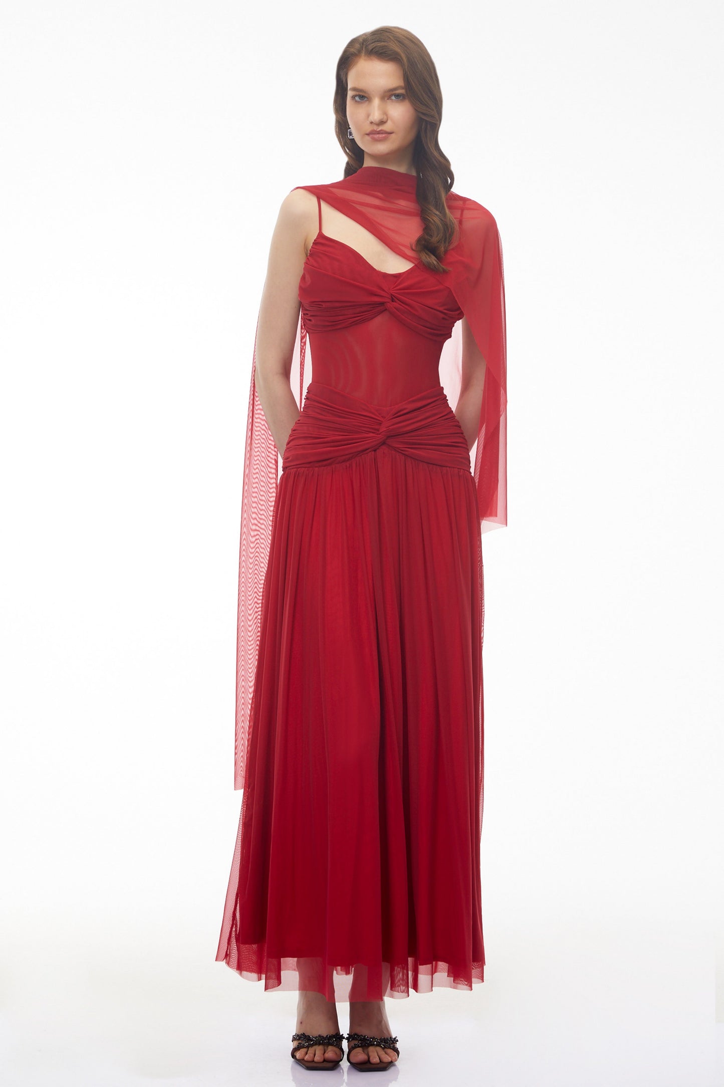Isabetta Red Sleeveless Ruched Maxi Dress