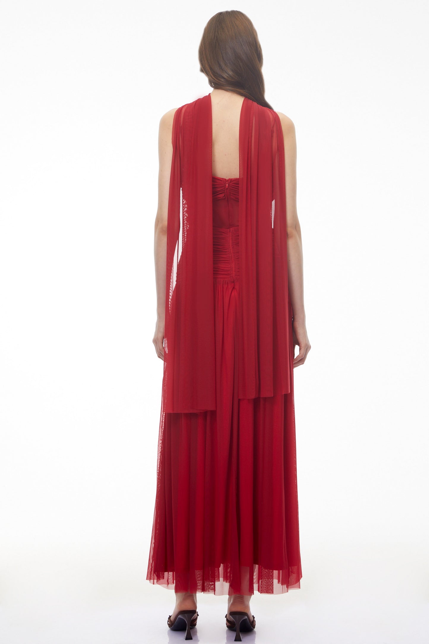 Isabetta Red Sleeveless Ruched Maxi Dress