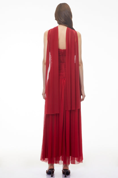 Isabetta Red Sleeveless Ruched Maxi Dress