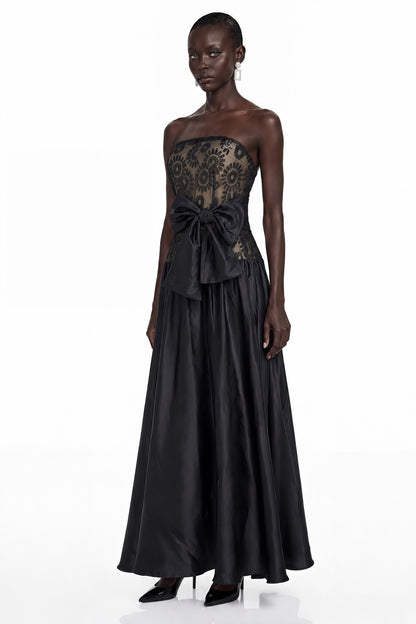 Isadora Black Geometric Print Off Shoulder Maxi Dress with Bow