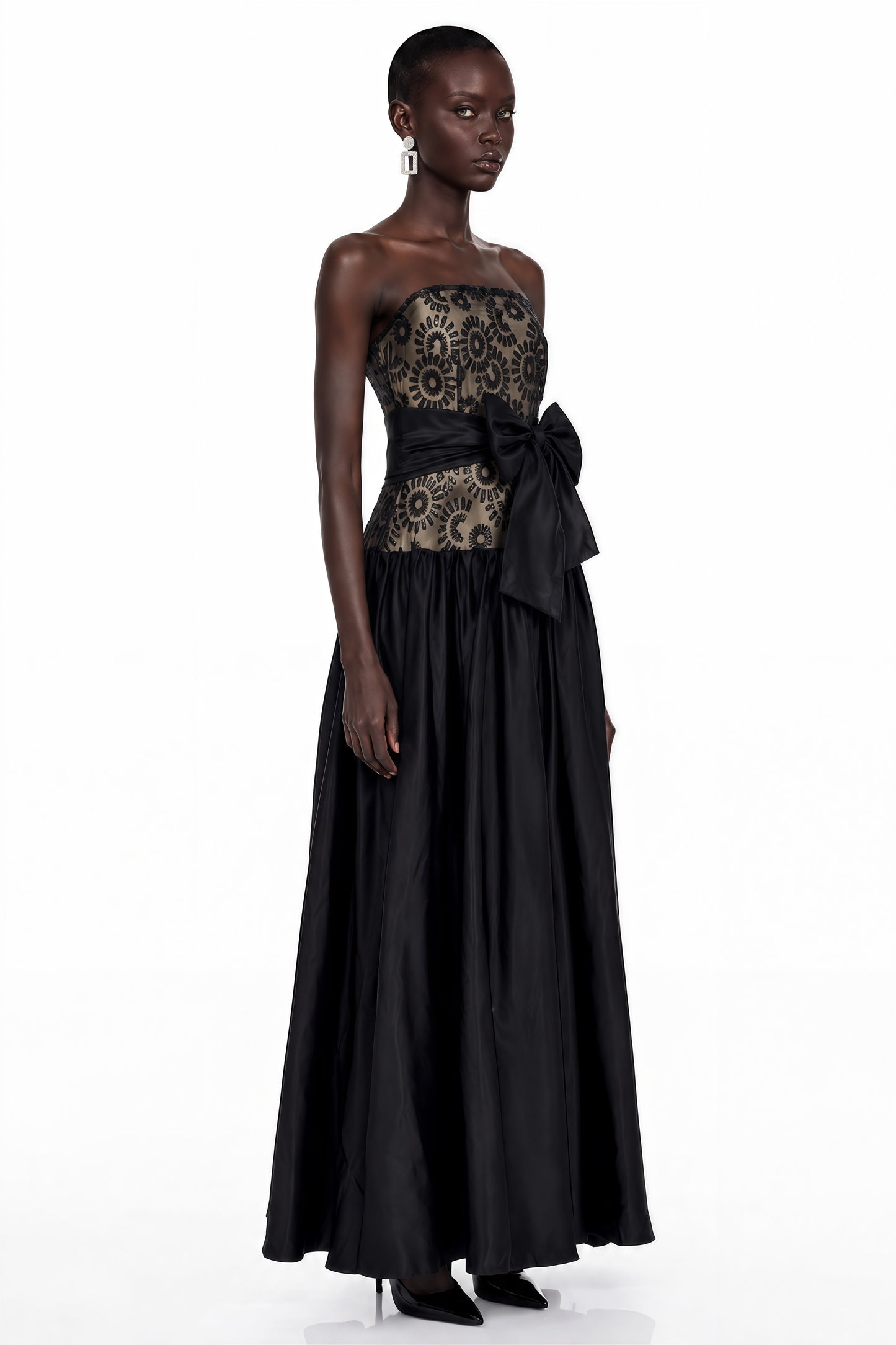 Isadora Black Geometric Print Off Shoulder Maxi Dress with Bow