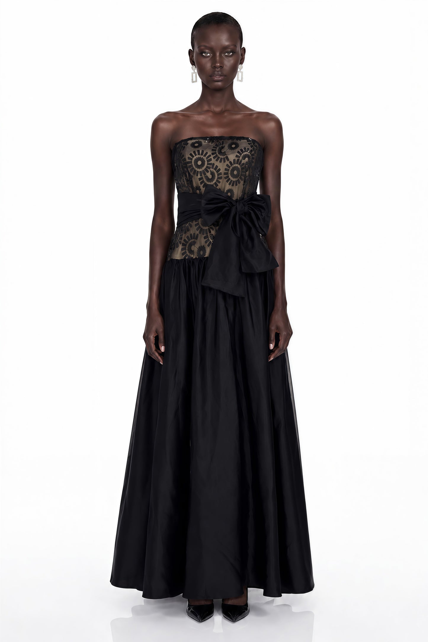 Isadora Black Geometric Print Off Shoulder Maxi Dress with Bow