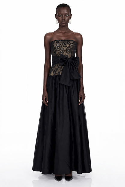 Isadora Black Geometric Print Off Shoulder Maxi Dress with Bow