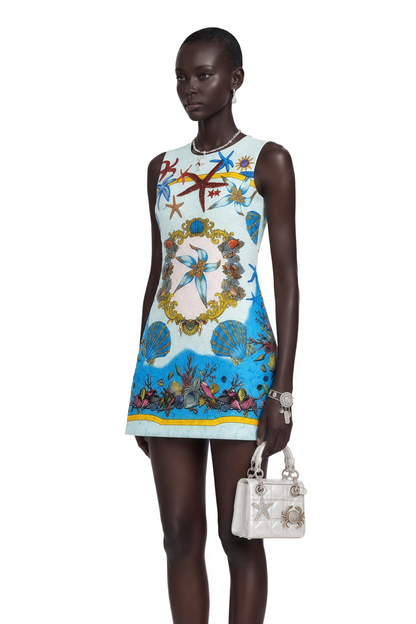 Isla Blue Printed Sleeveless Mini Dress