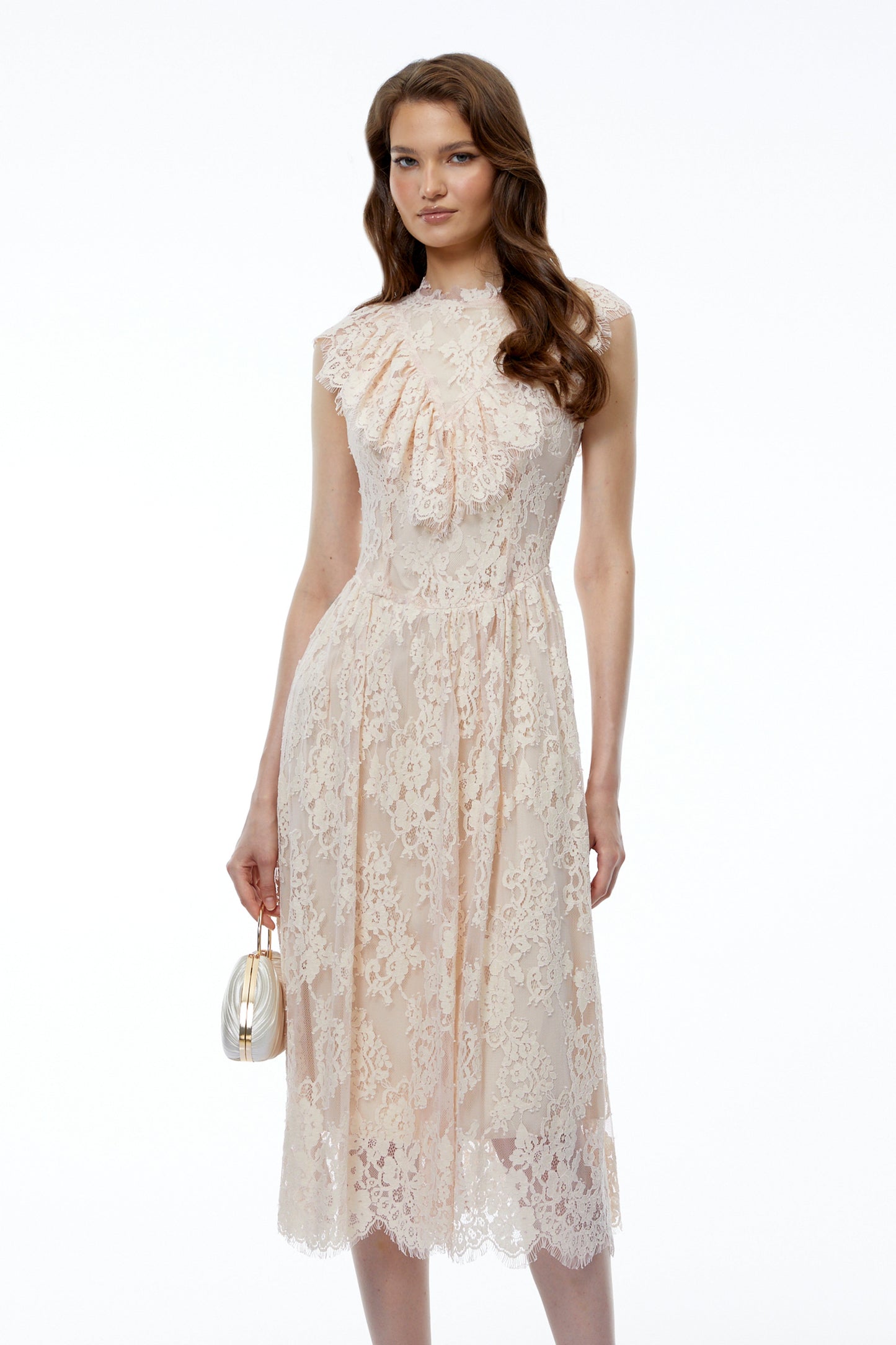Isla Pink Sleeveless Ruched Midi Dress with Lace Trim