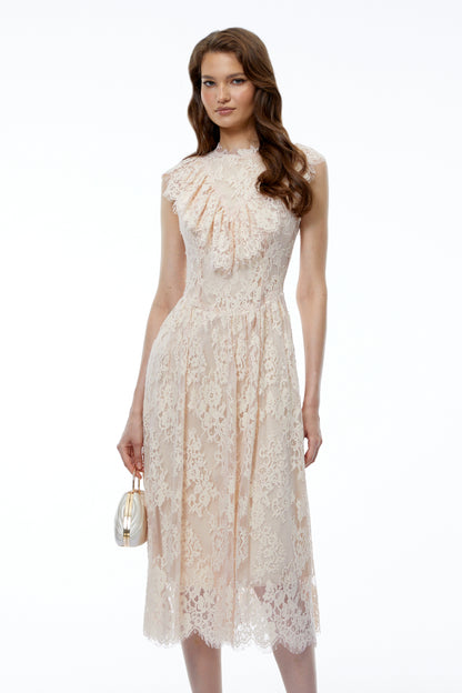 Isla Pink Sleeveless Ruched Midi Dress with Lace Trim