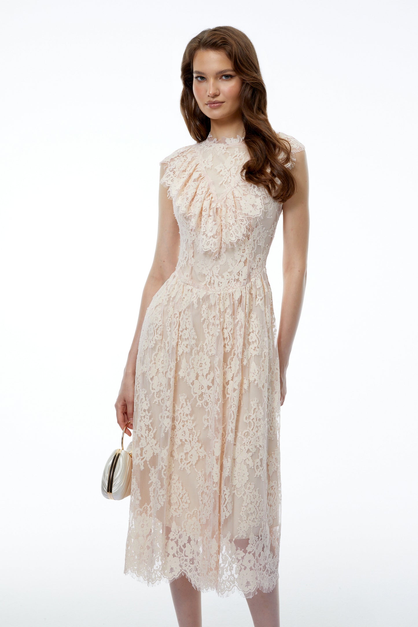 Isla Pink Sleeveless Ruched Midi Dress with Lace Trim