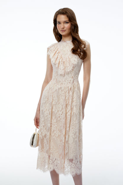 Isla Pink Sleeveless Ruched Midi Dress with Lace Trim