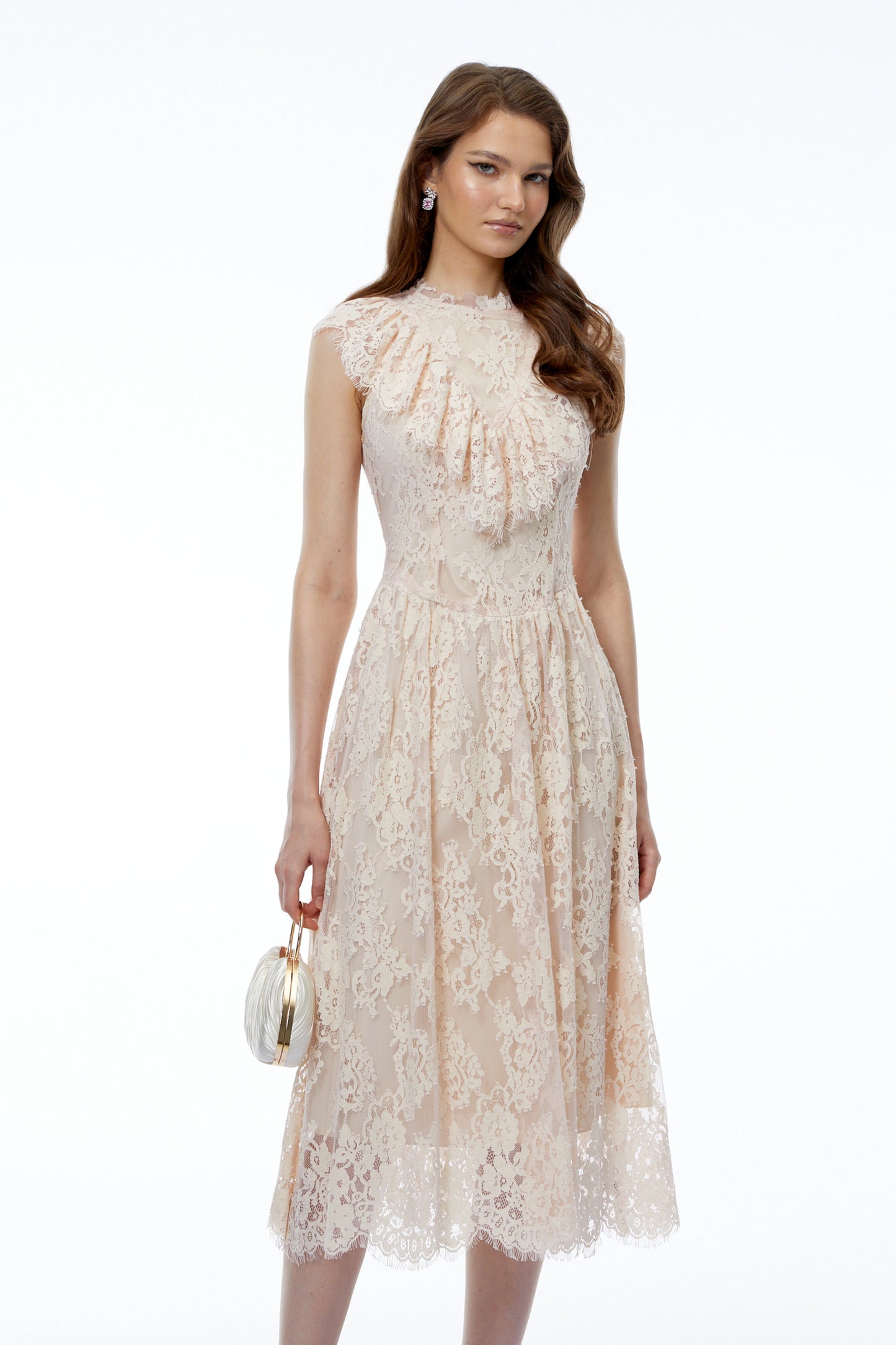 Isla Pink Sleeveless Ruched Midi Dress with Lace Trim
