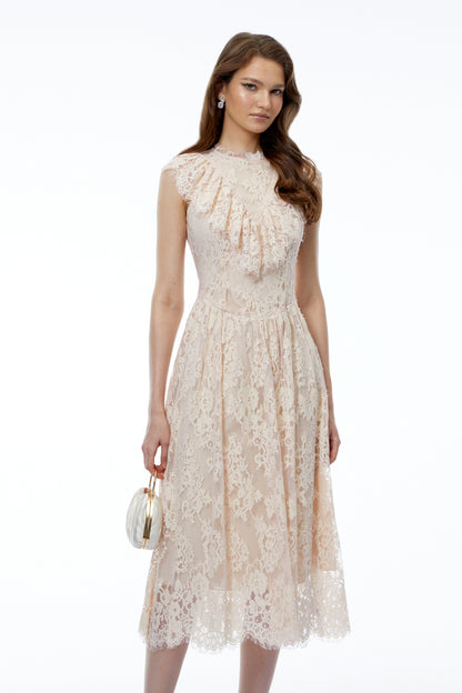 Isla Pink Sleeveless Ruched Midi Dress with Lace Trim