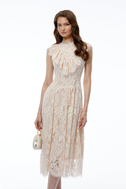 Isla Pink Sleeveless Ruched Midi Dress with Lace Trim