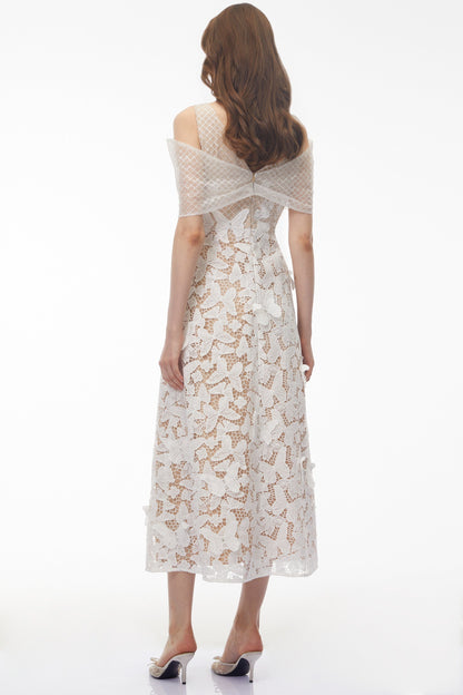 Isla White Cold Shoulder Midi Dress with Butterfly Applique