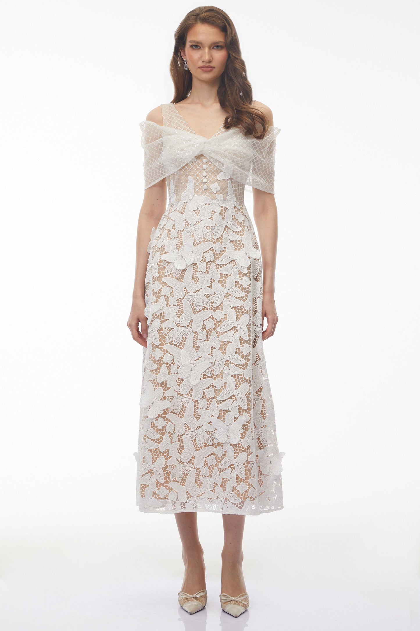 Isla White Cold Shoulder Midi Dress with Butterfly Applique