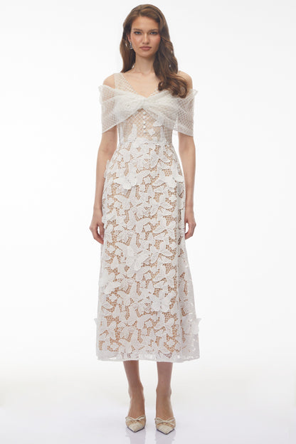 Isla White Cold Shoulder Midi Dress with Butterfly Applique