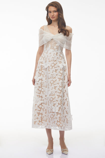 Isla White Cold Shoulder Midi Dress with Butterfly Applique