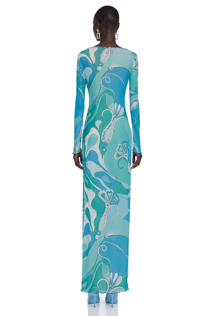 Ismeria Mint Green Printed Long Sleeve Maxi Dress