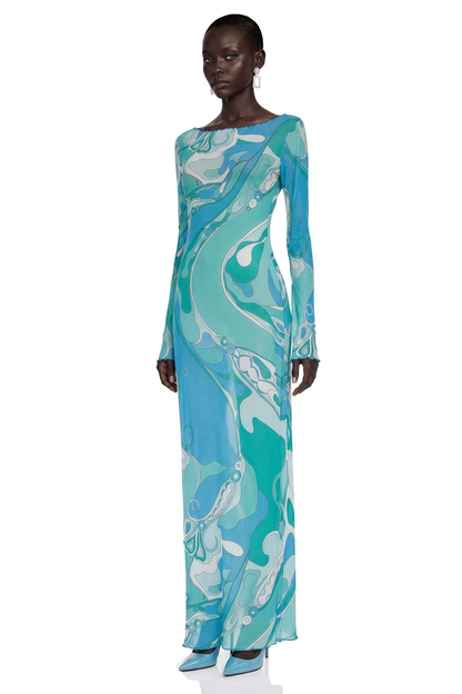 Ismeria Mint Green Printed Long Sleeve Maxi Dress