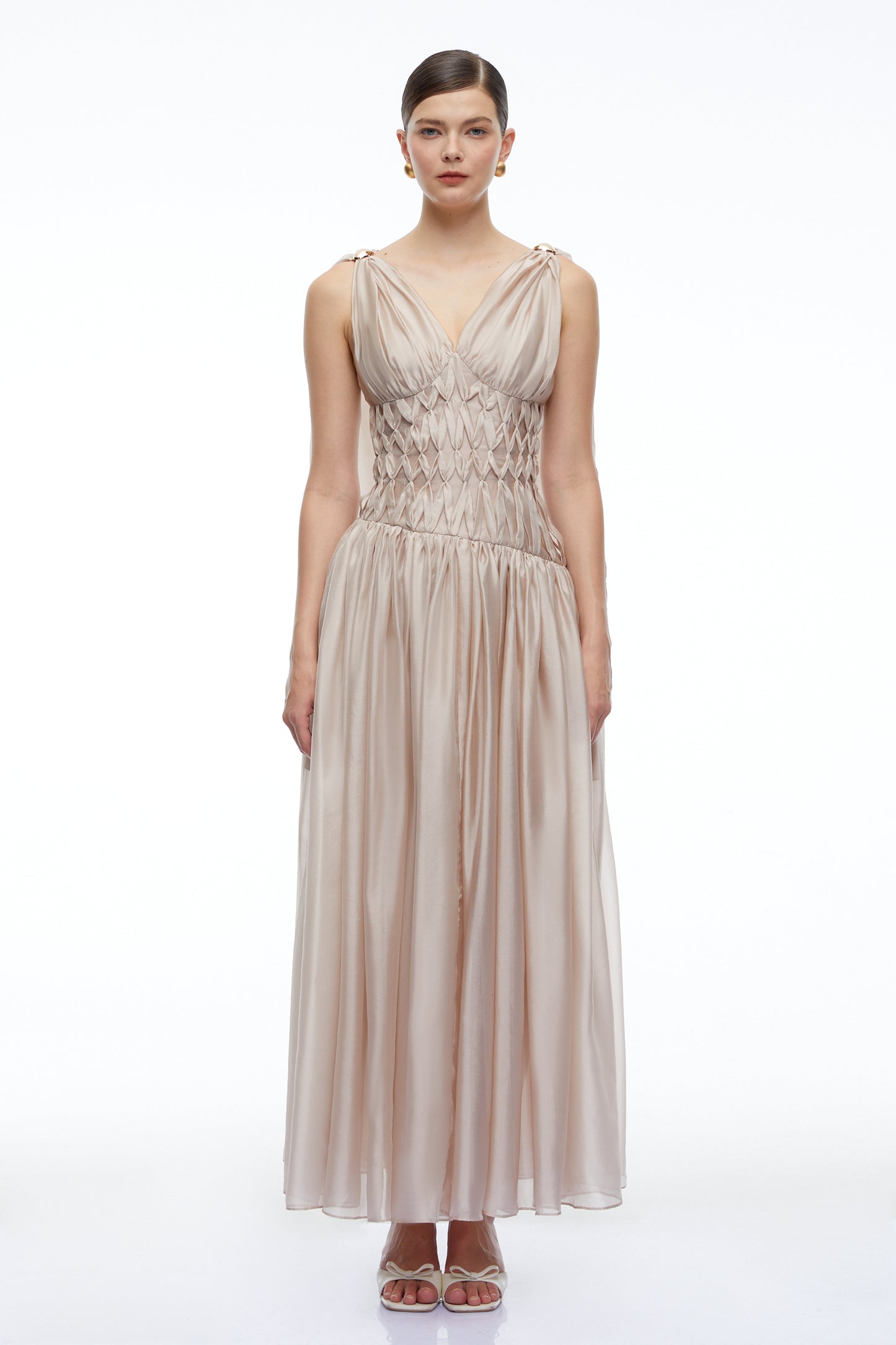 Ismerie Champagne V-Neck Ruched Maxi Dress
