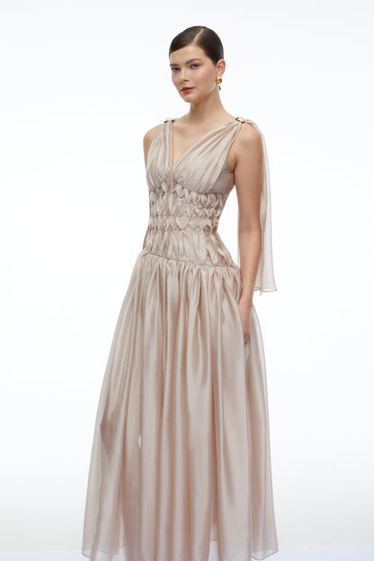 Ismerie Champagne V-Neck Ruched Maxi Dress