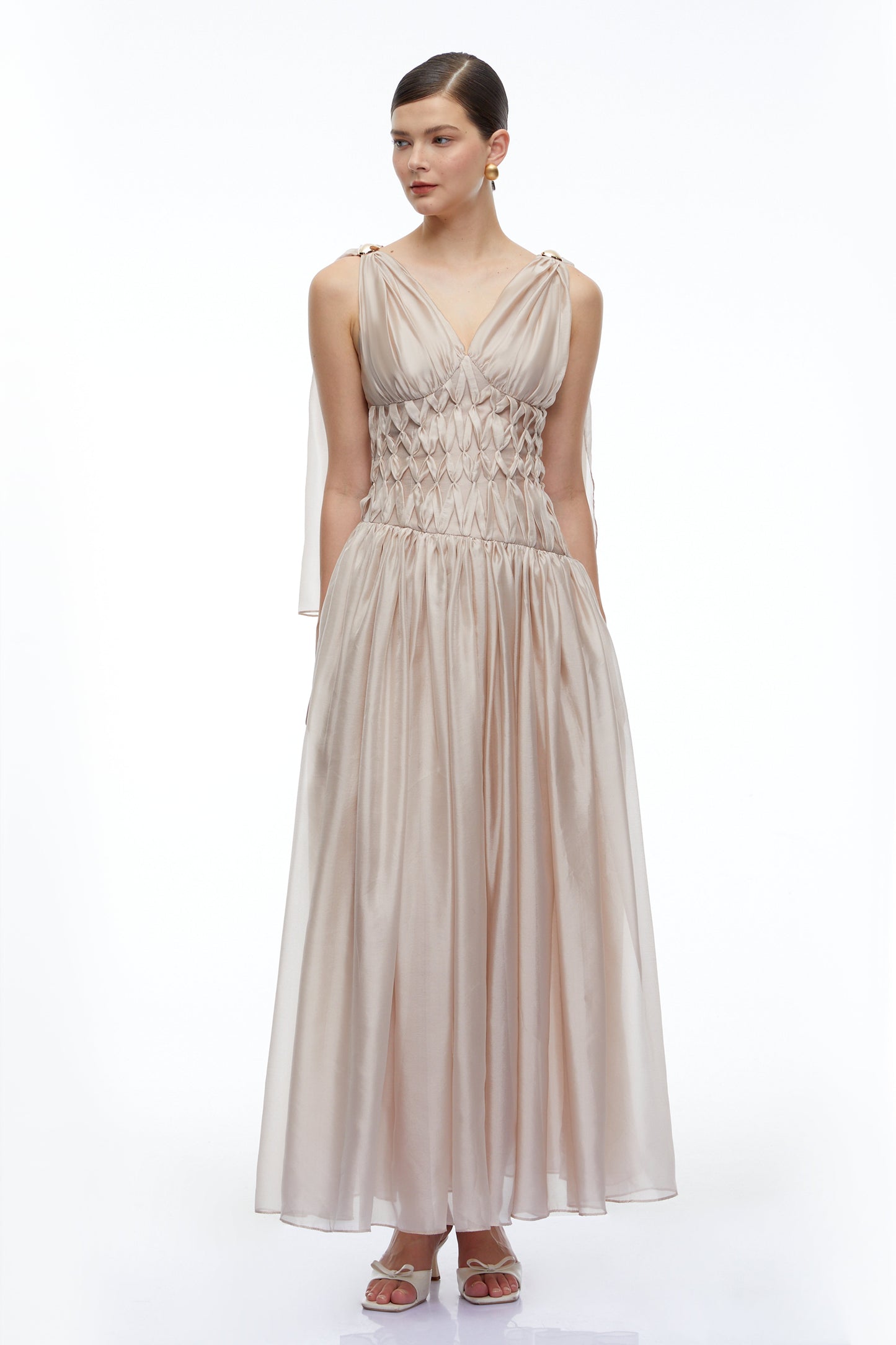 Ismerie Champagne V-Neck Ruched Maxi Dress