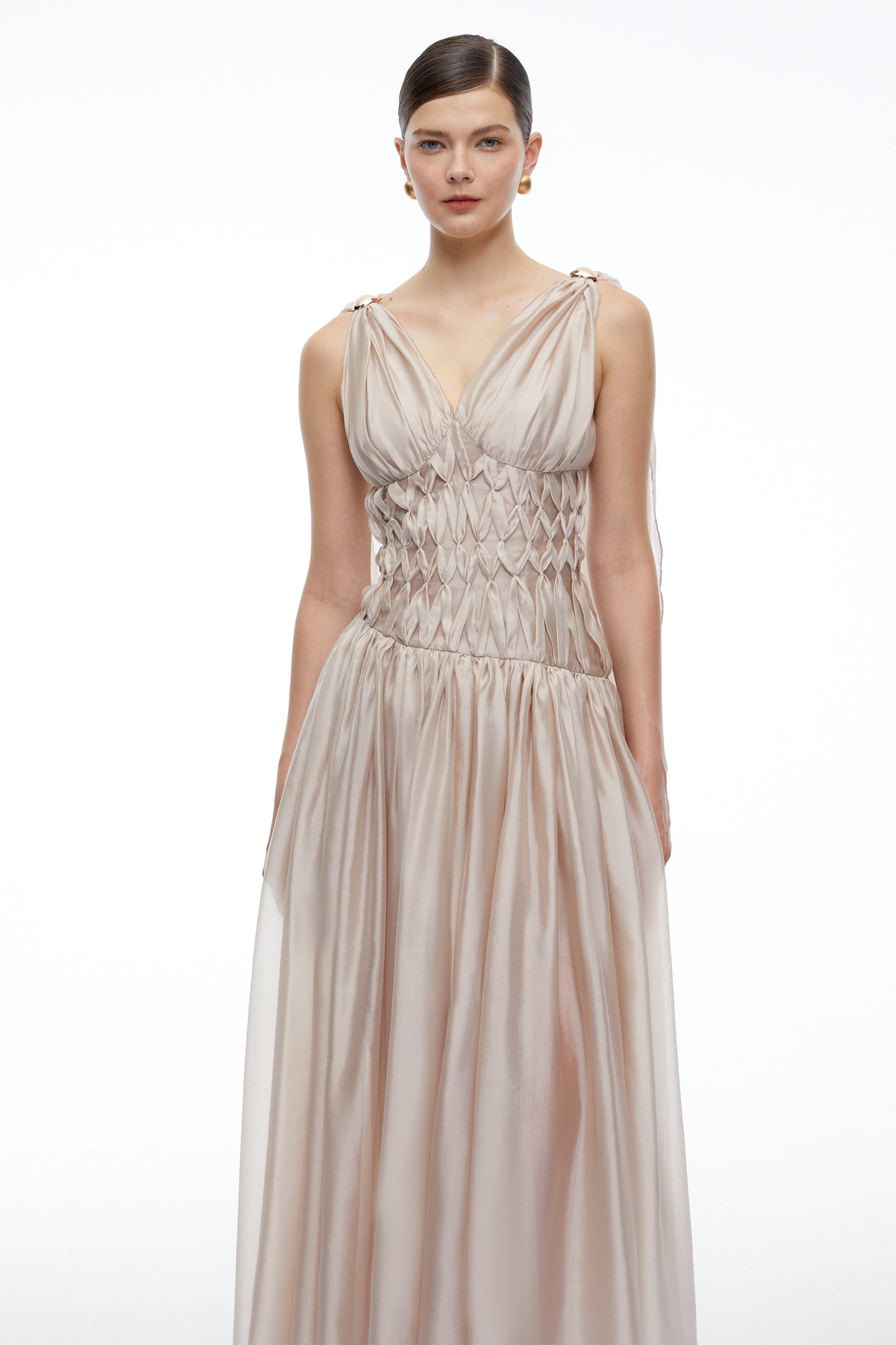 Ismerie Champagne V-Neck Ruched Maxi Dress