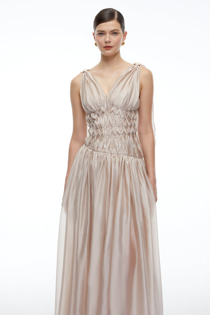 Ismerie Champagne V-Neck Ruched Maxi Dress