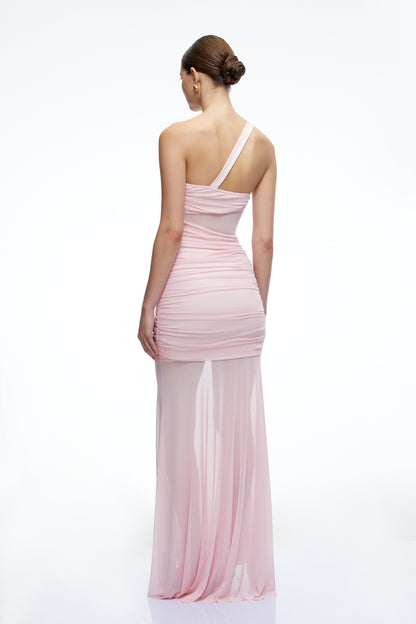 Isolde Pink One Shoulder Mesh Ruched Maxi Dress