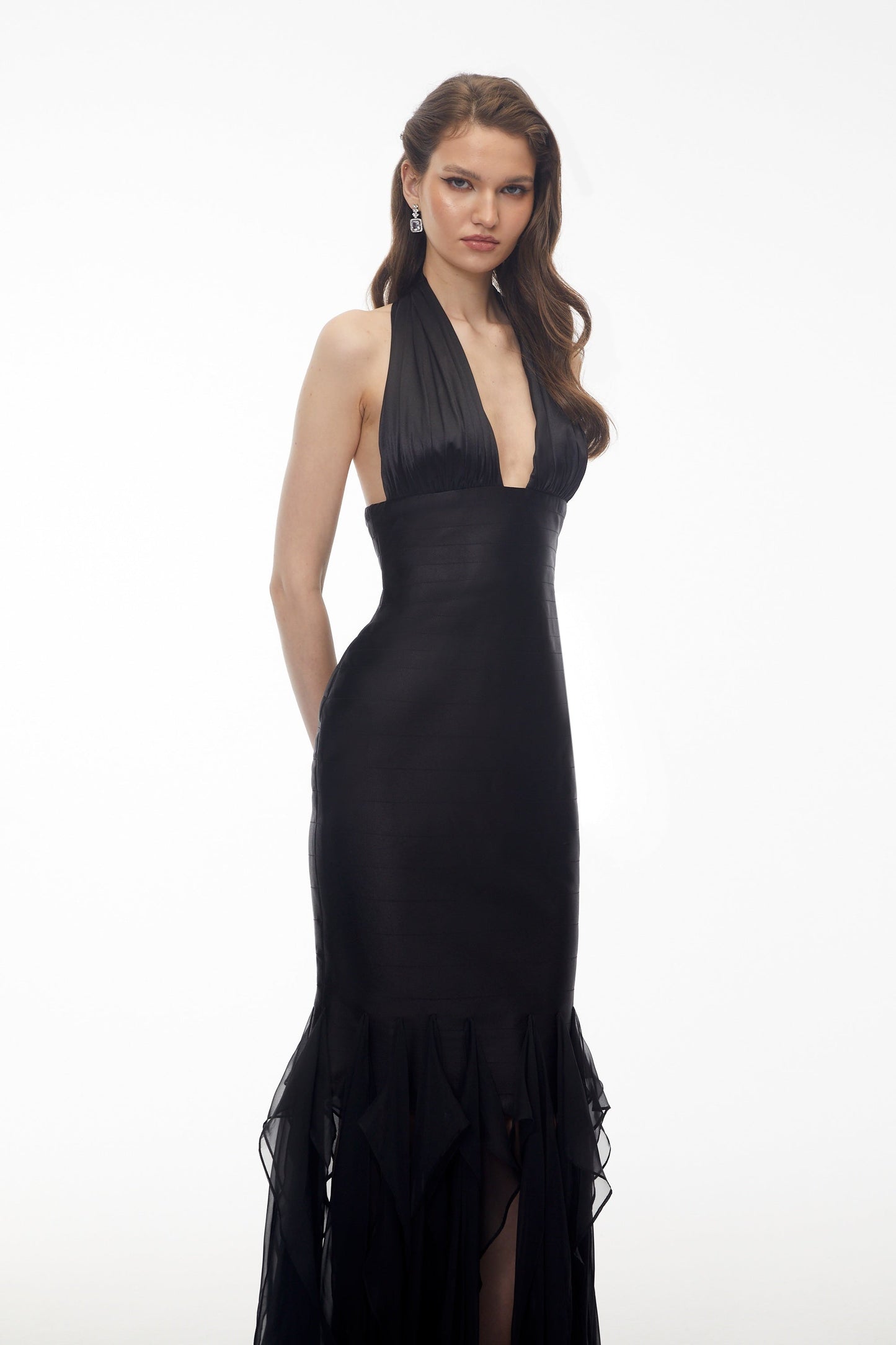 Isolete Black Halterneck Ruffled Ruched Maxi Dress