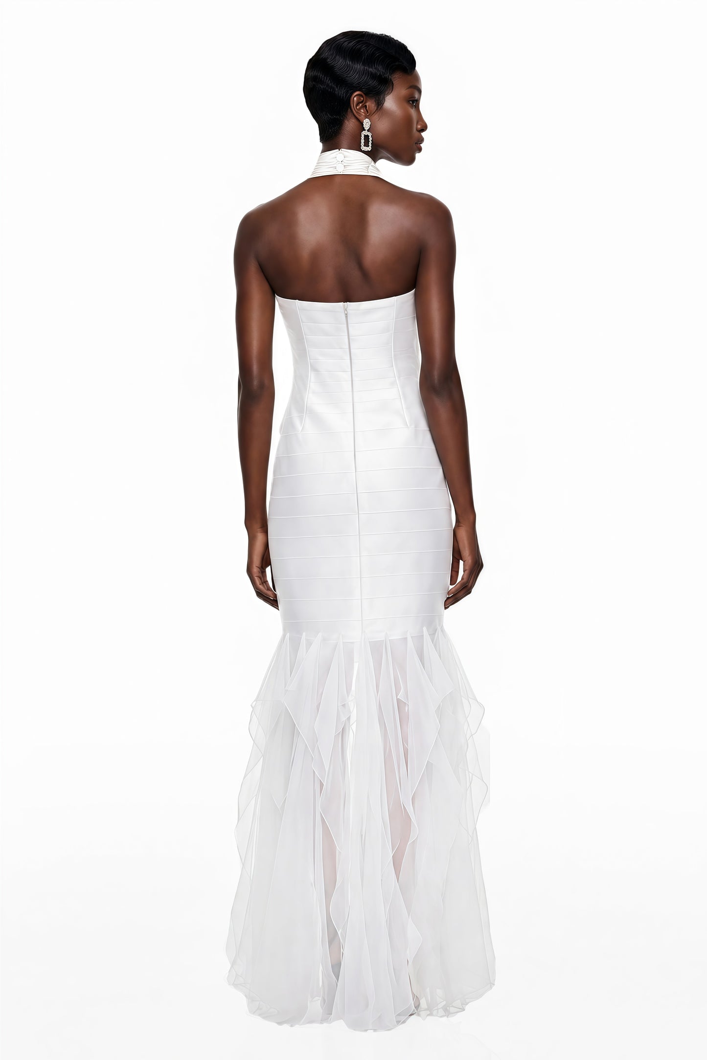 Isolete White Halterneck Ruffled Ruched Maxi Dress