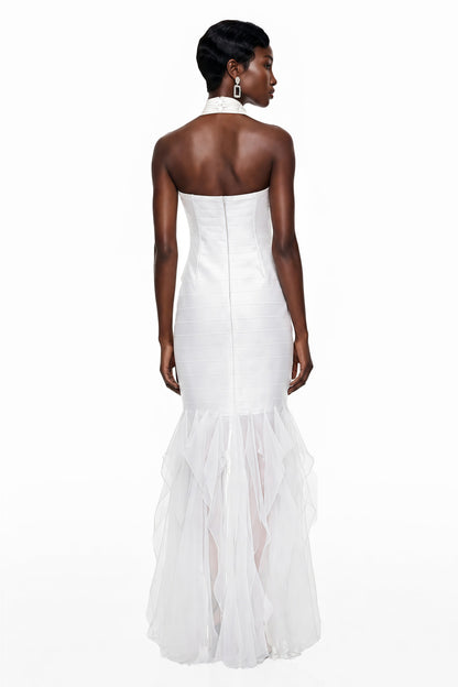 Isolete White Halterneck Ruffled Ruched Maxi Dress
