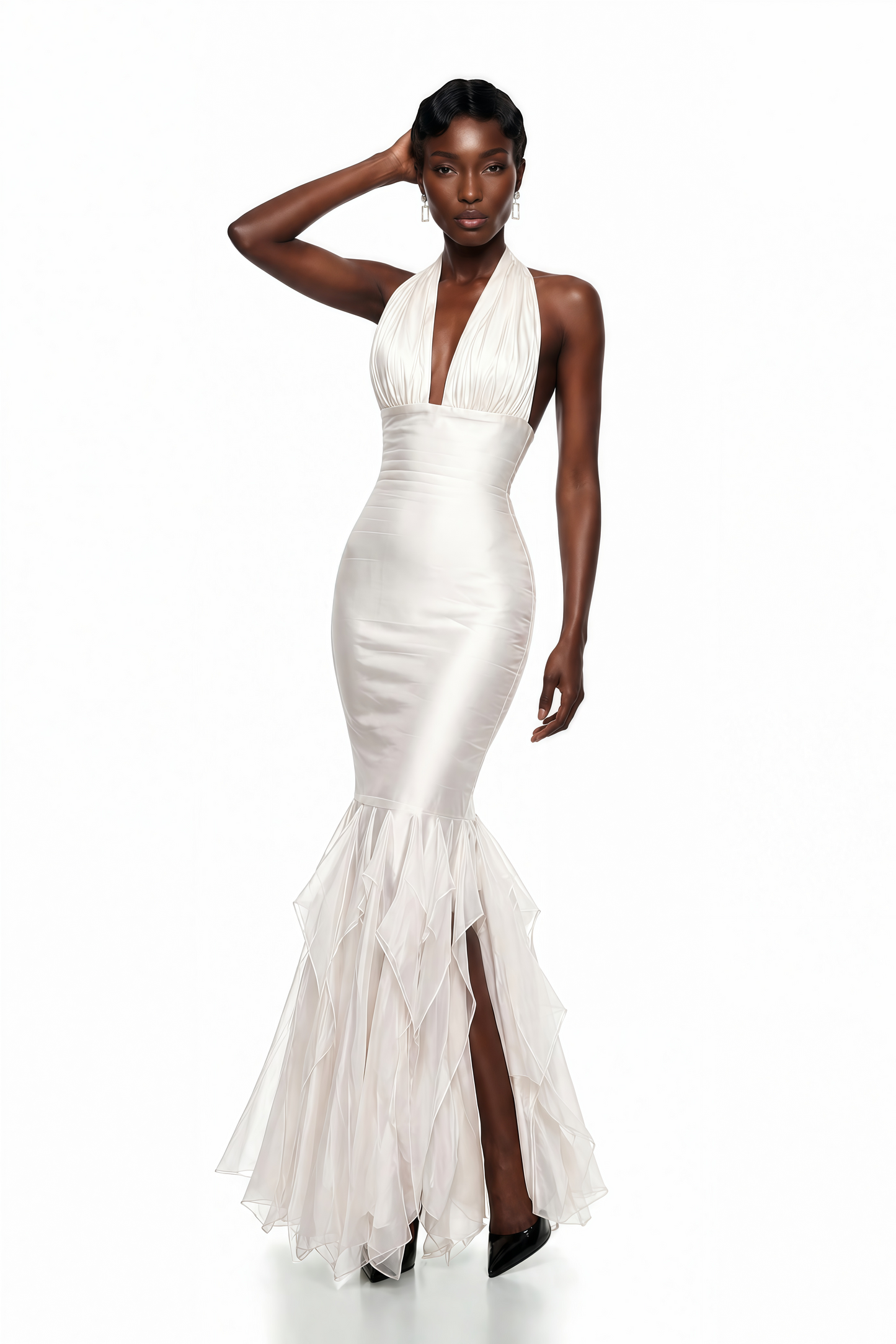 Isolete White Halterneck Ruffled Ruched Maxi Dress
