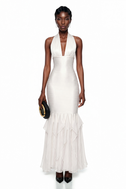 Isolete White Halterneck Ruffled Ruched Maxi Dress