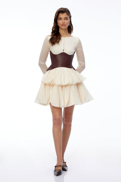 Ivy Cream Color Block Puffball Mini Dress